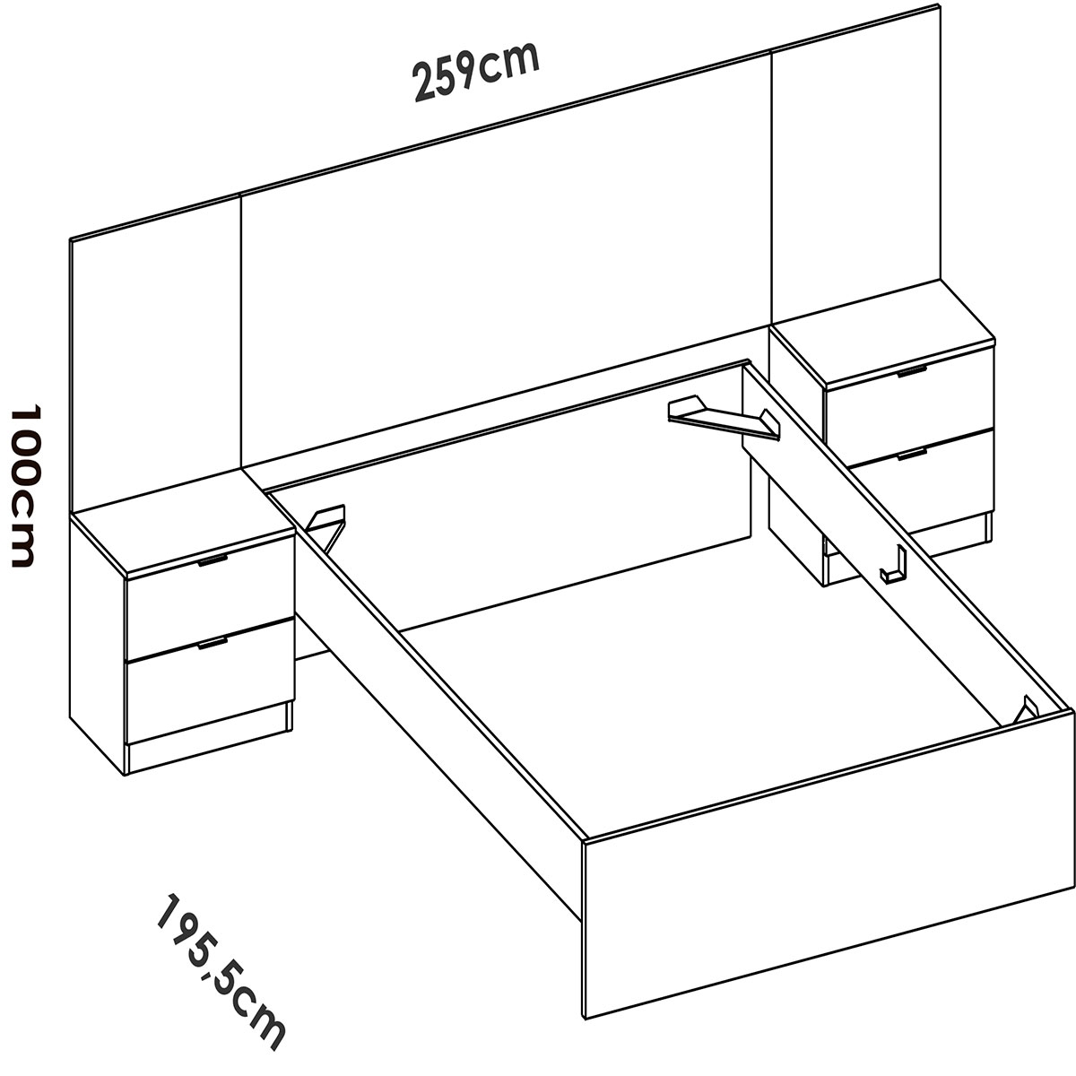 Measurements of Loma Headboard + 2 Bedside Tables with 2 Drawers + Bed Hoop 135/140x190 White/Striped/Natural