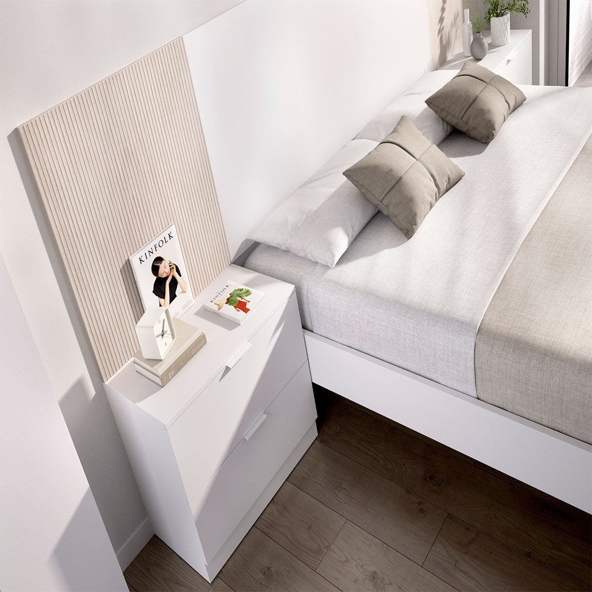 Ambiente con Cabezal Loma + 2 Mesitas de 2 Cajones + Aro Cama 135/140x190 Blanco/Alistonado/Natural