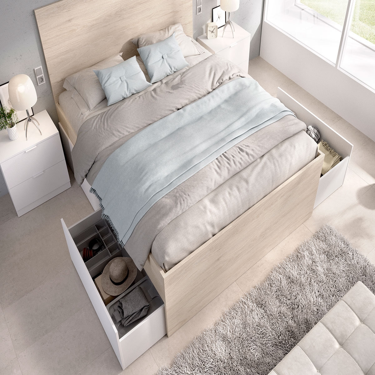 Ambiente mit Bettsee B2 135/140x190 + 4 Schubladen + 2 Nachttische 2 Schubladen Natur/Weiß 100x246x195