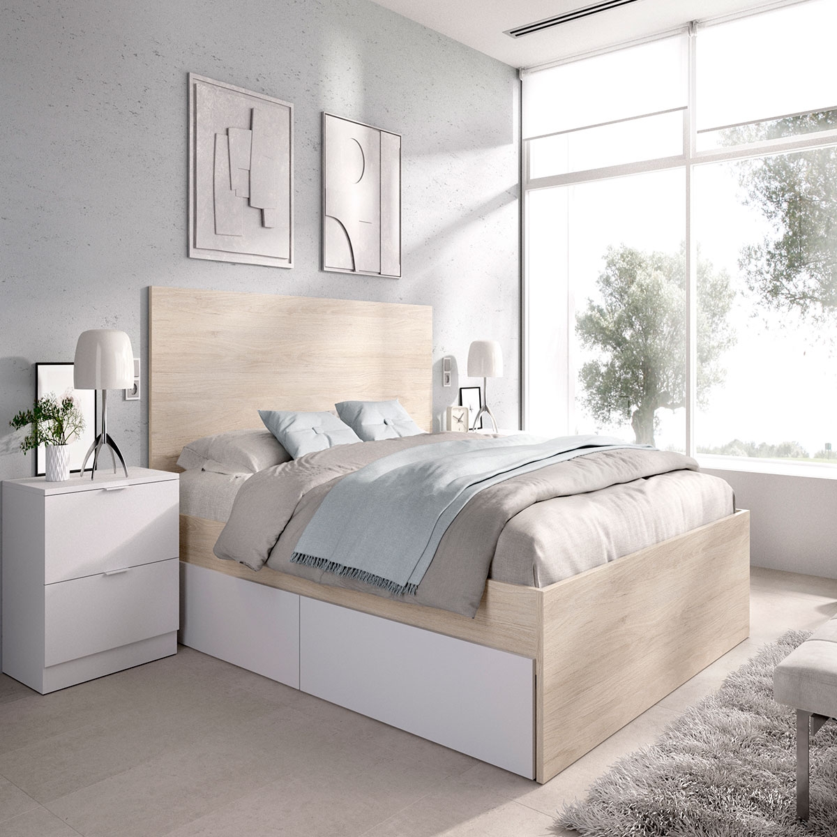 Ambiente com Cama Lago B2 135/140x190 + 4 Gavetas + 2 Mesas de Cabeceira 2 Gavetas Natural/Branco 100x246x195 -2