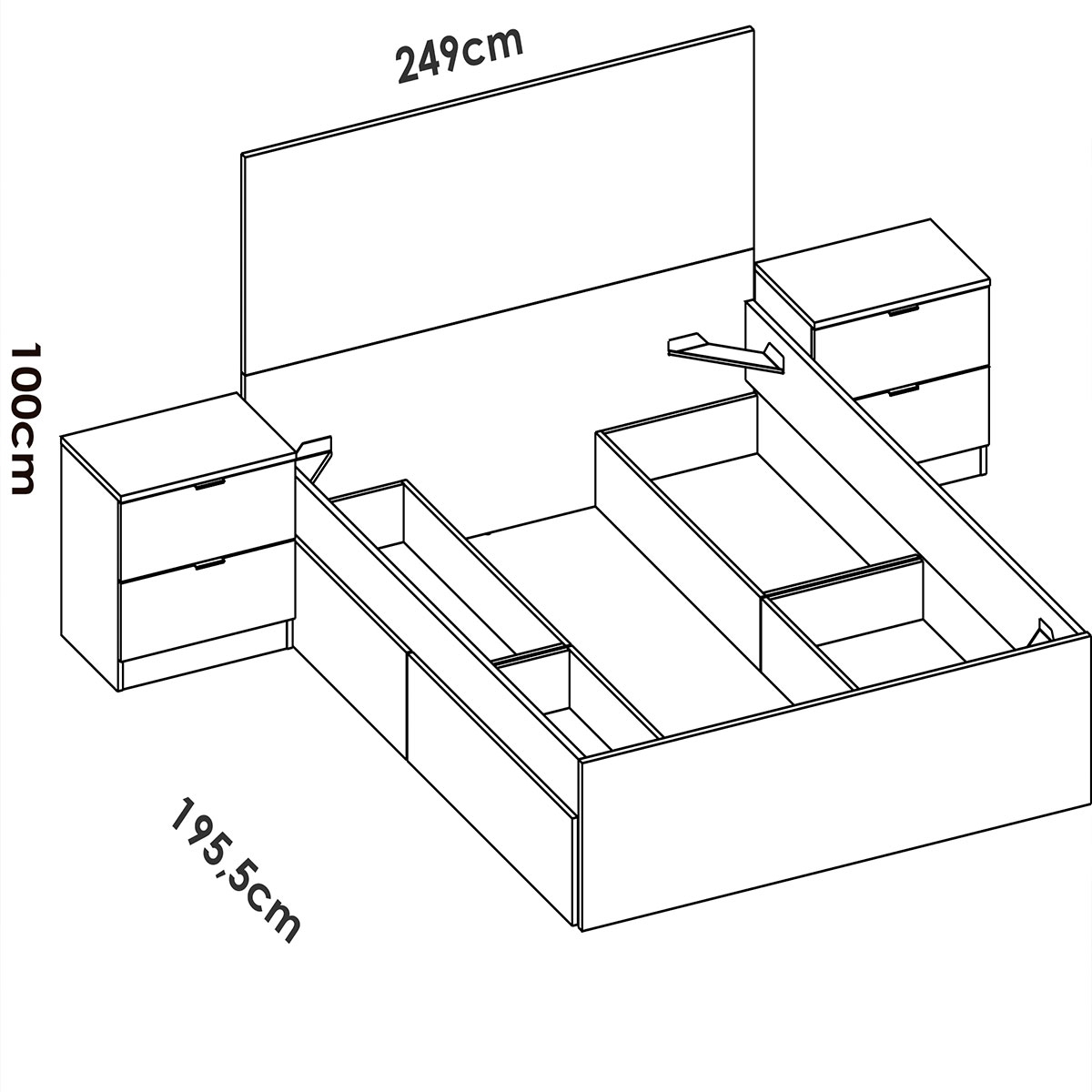 Bettmaße Lago B2 135/140x190 + 4 Schubladen + 2 Nachttische 2 Schubladen Weiß 100x246x195