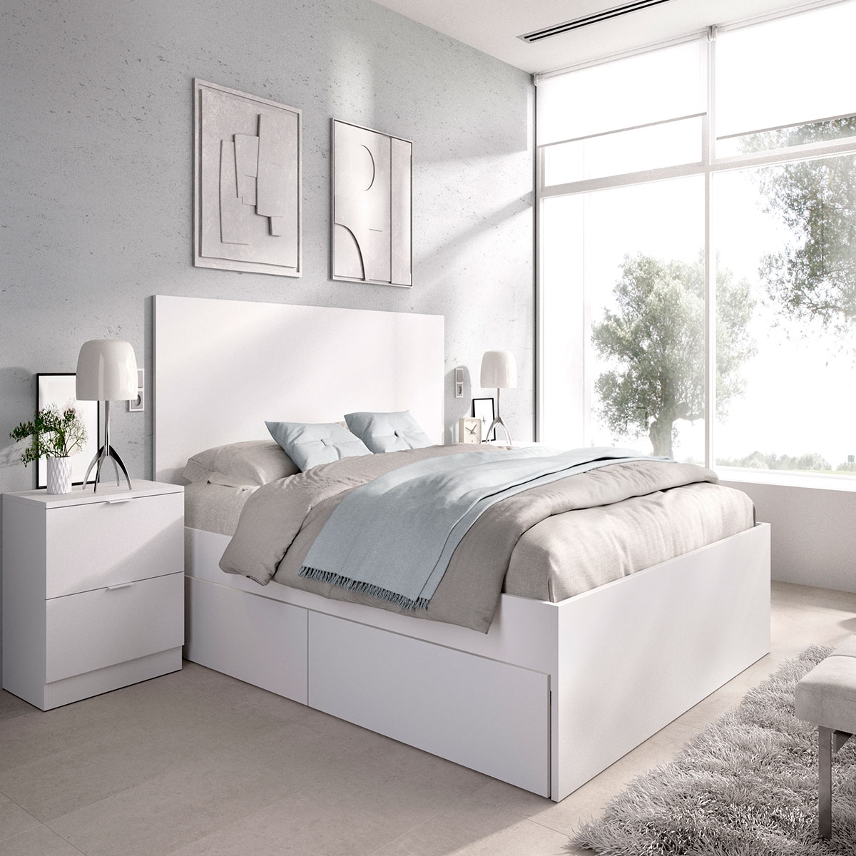 Ambiente con Cama Lago B2 135/140x190 + 4 Cajones + 2 Mesitas 2 Cajones Blanco 100x246x195
