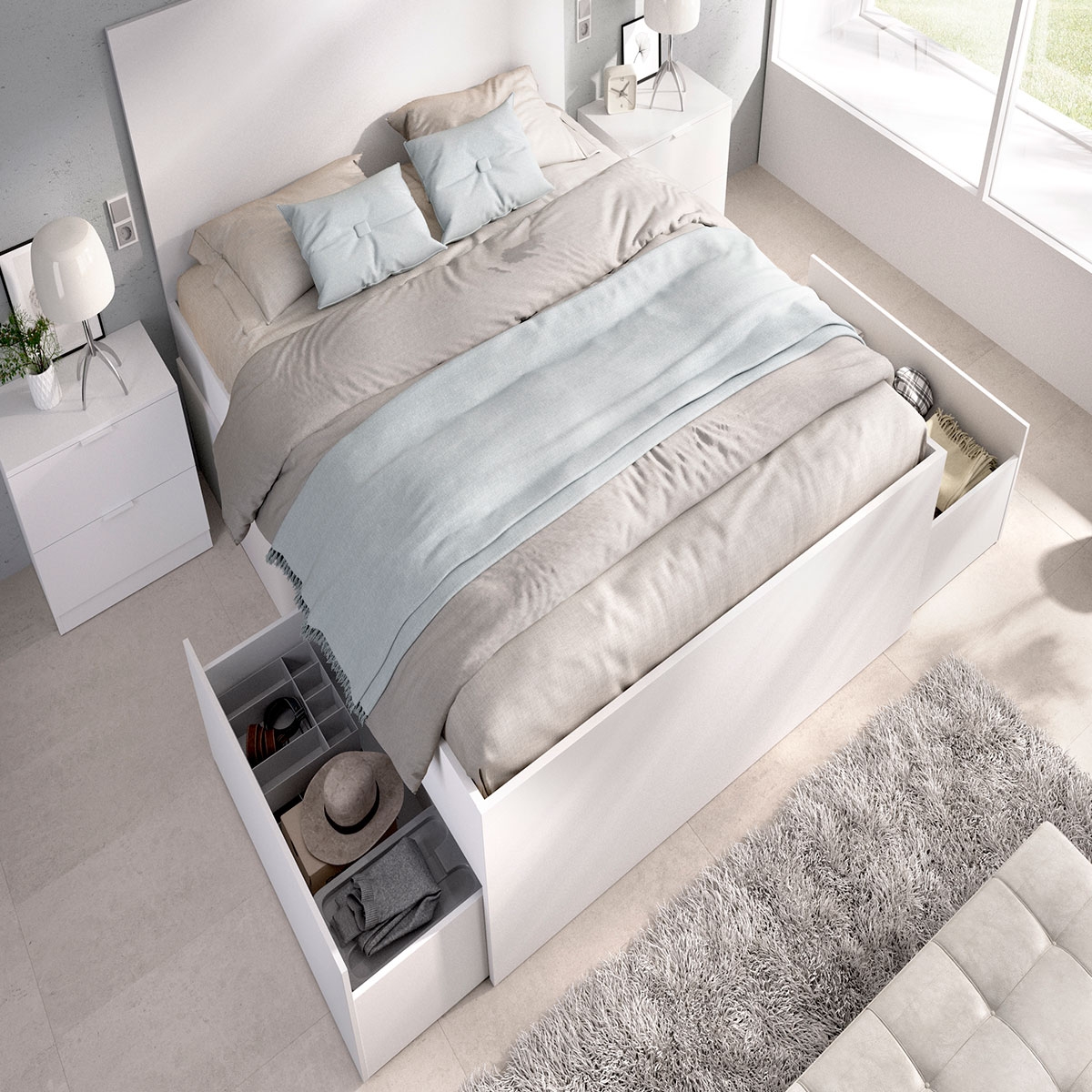 Ambiente com Cama Lago B2 135/140x190 + 4 Gavetas + 2 Mesas de Cabeceira 2 Gavetas Branco 100x246x195 -2