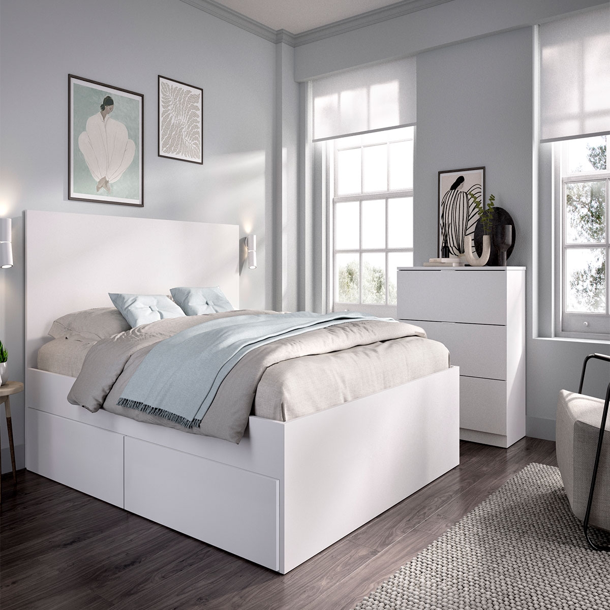 Ambiente com Bed Pack 9 Lago 135/140x190 + 4 Gavetas + Cómoda Branca