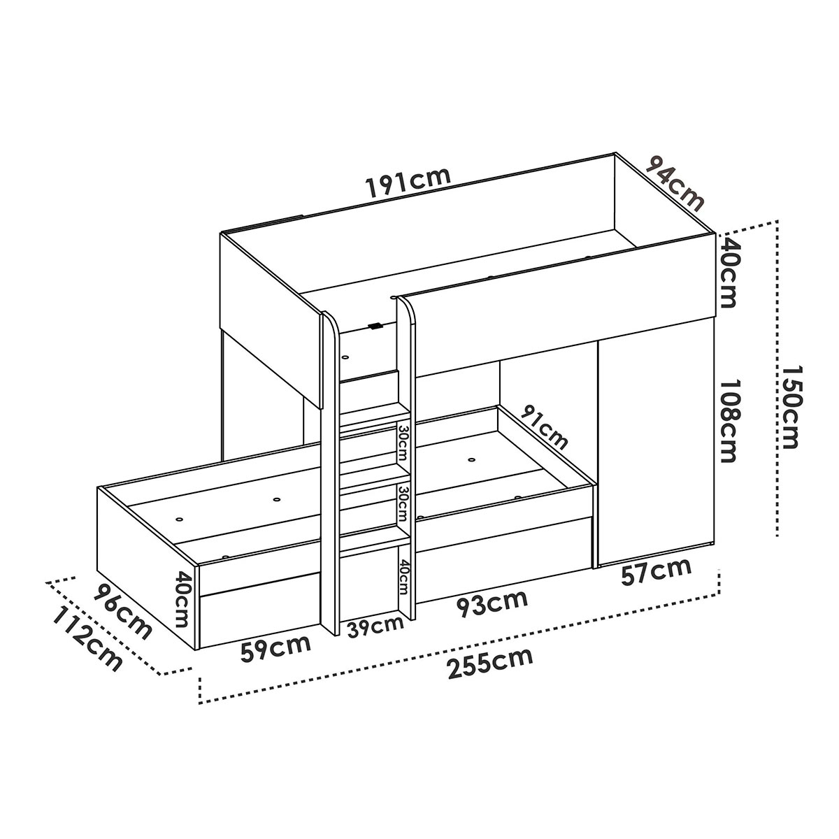 Measurements of Tren Move Bed Natural/White