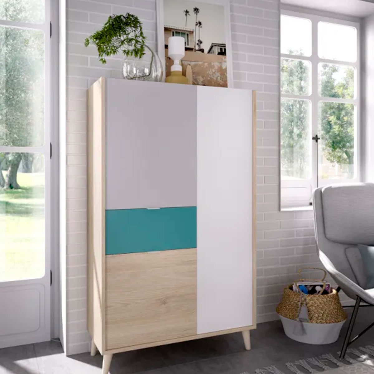 Nova Vertikalmodul mit 2 Türen und 1 Schublade Ambient Modul Weiß/Grau/Natürlich/Smaragd