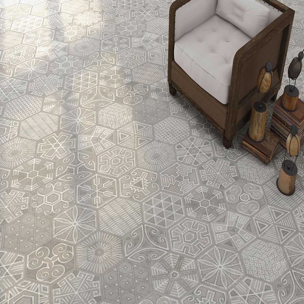 Ambiente com Hexagon Rift Igneus Cement 23.3x26.8cm