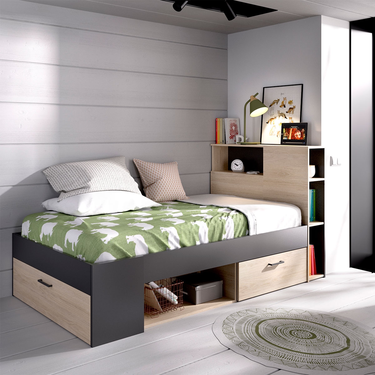Ambiente con Cama Compacta Lanka 90x190 Grafito