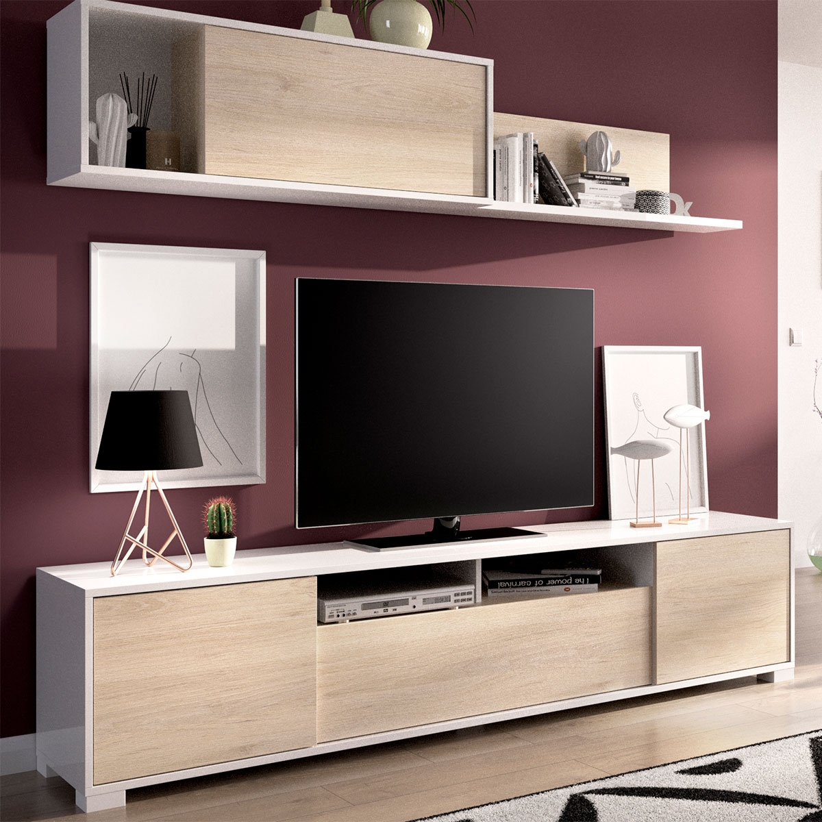 Raum mit Wohnzimmer-TV mit Türen und Wandregal Ken White Glanz/Natürlich - 2