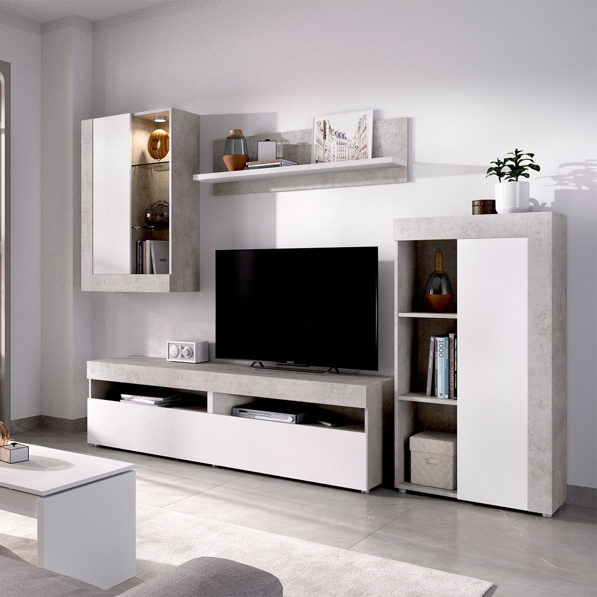 Ambiente com Sala de TV com Vitrine e Tokyo Leds Cimento/Branco - 3