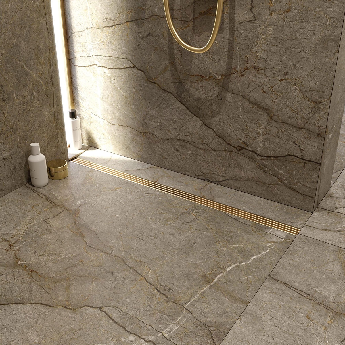 Interior com Kit de Canal de Duche Revolux Ruber Cavity Gold 100 Cm