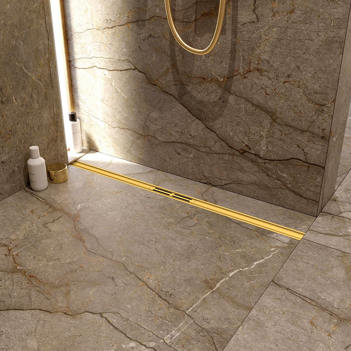 Interior with Revolux Ruber Curve Gold 100 Cm Shower Channel Kit