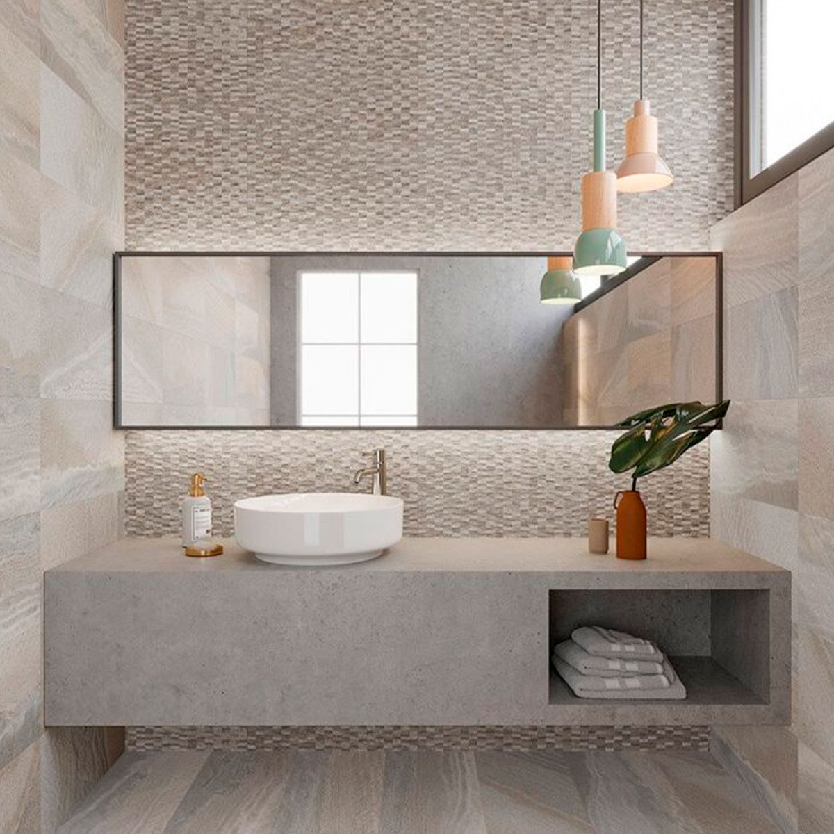 Salle de bain avec sol et revêtement Canyon Natural 32x62.5 (Boîte 1.00m2)