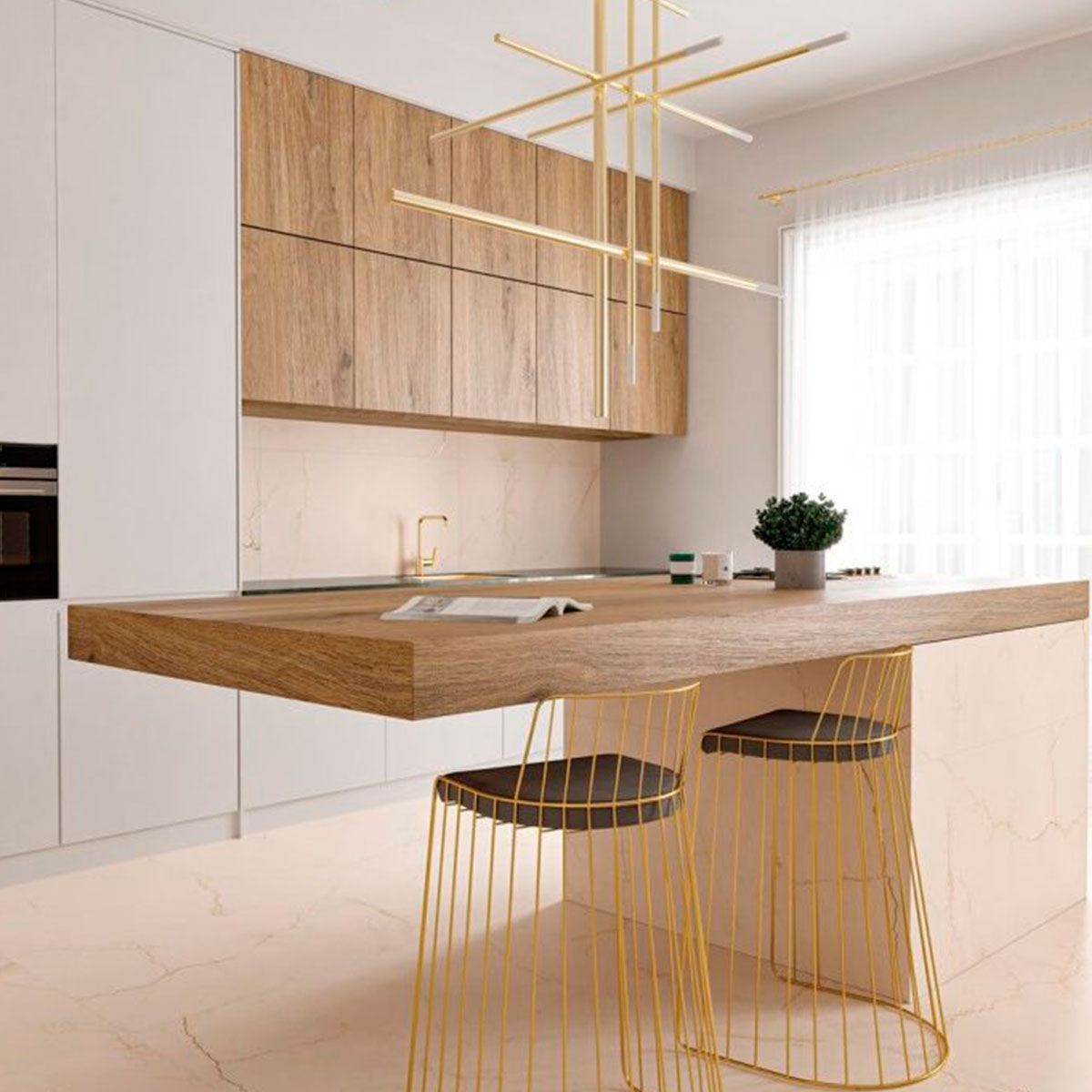 Cozinha com chão e revestimento cremoso Avorio Rect 59.1x119.1 (Caixa 1.41 m2)