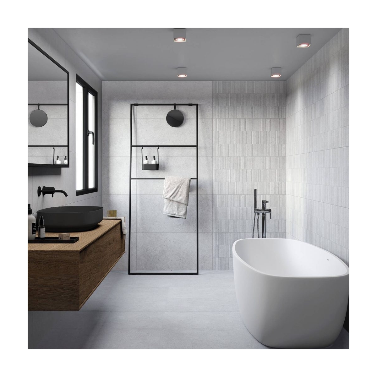 Casa de banho com pavimento e revestimento Sassi White 45x90 (Box 1.22m2)