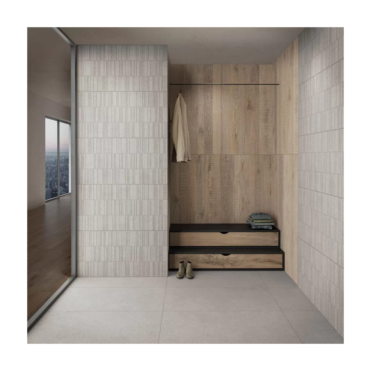 Baño con pavimento Sassi Arena 45x90 (Caja 1,22m2)