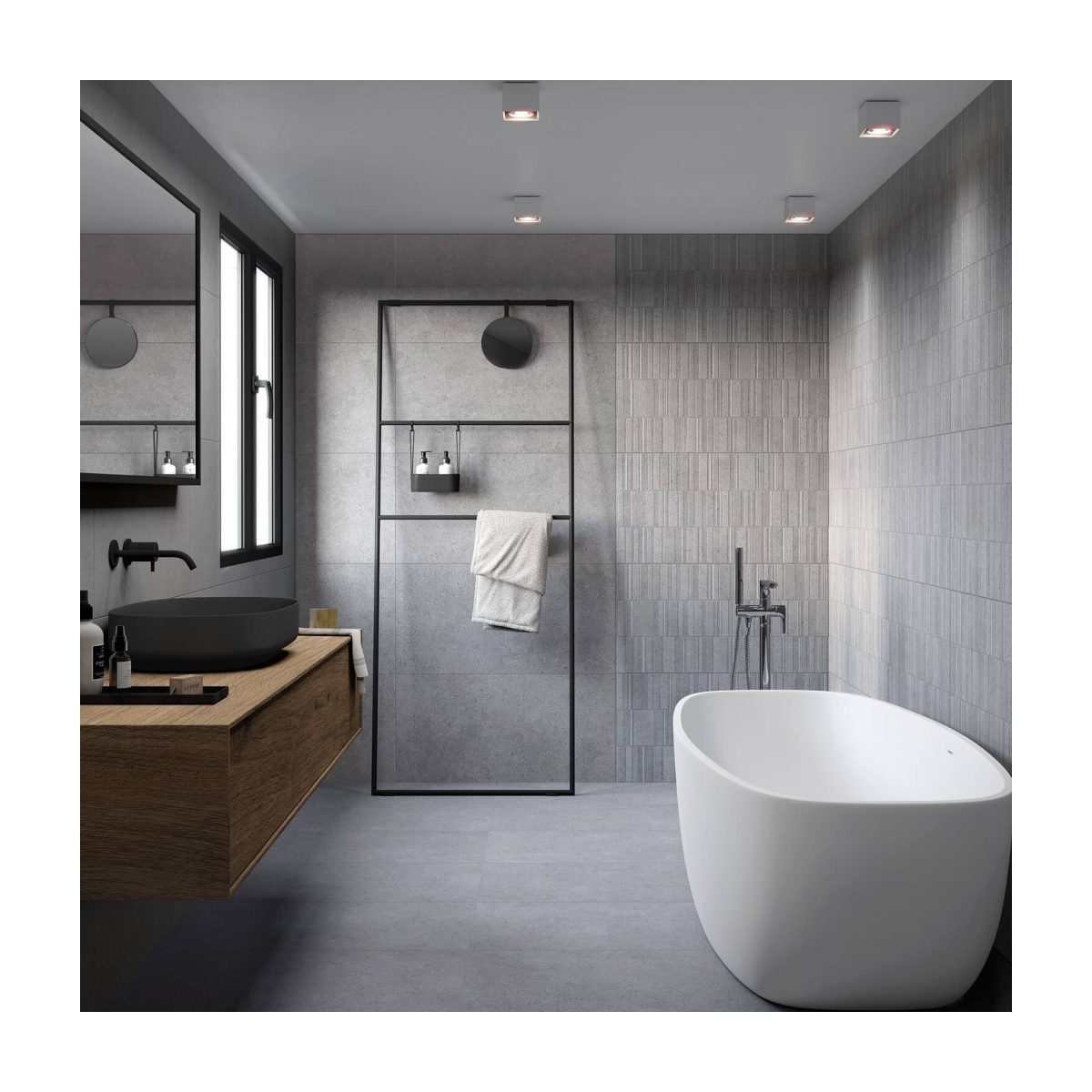 Salle de bain avec sol et revêtement Sassi Gray 45x90 (Box 1.22m2)