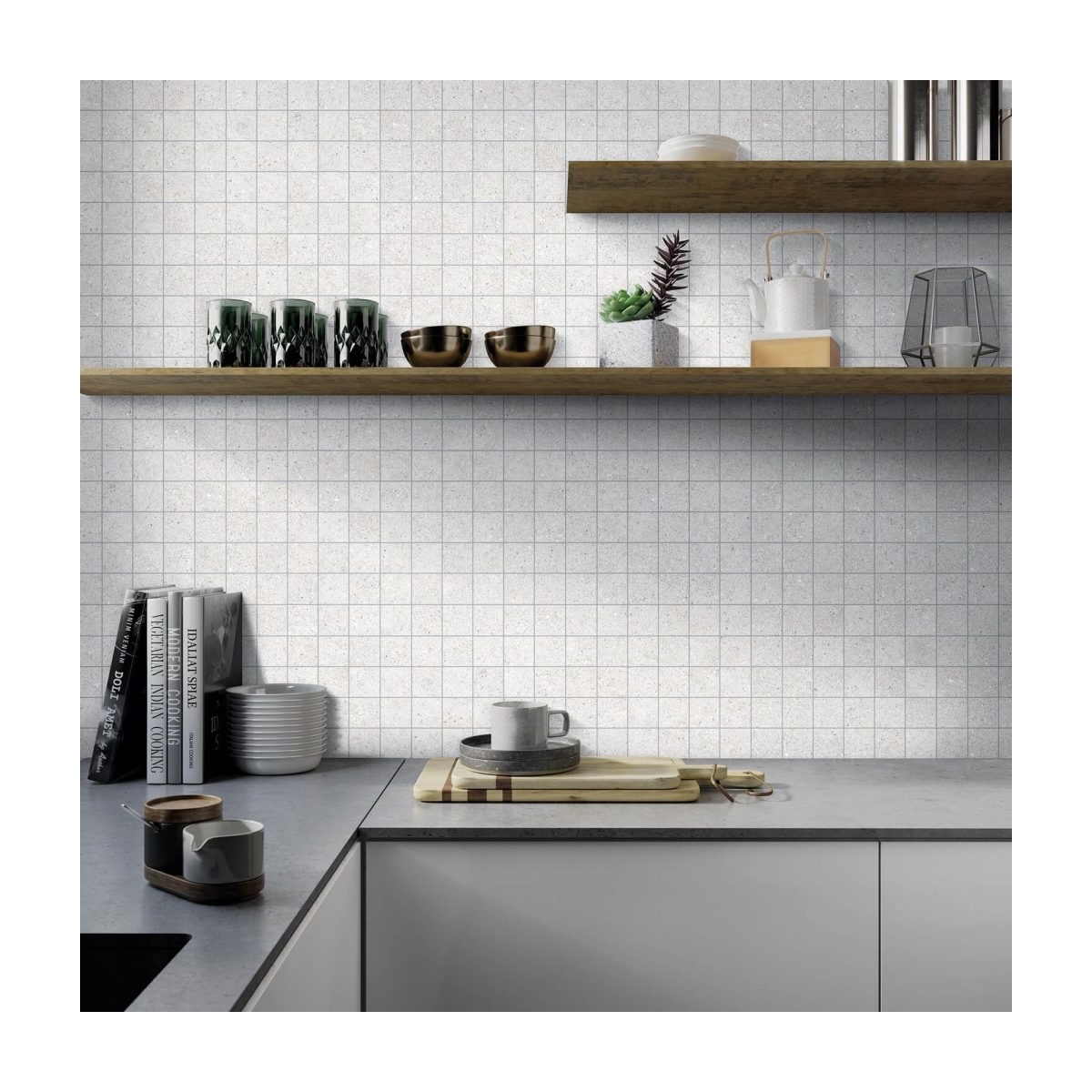 Küche mit Sassi White Mosaic Beschichtung 30x30 (Box 6 Stück)