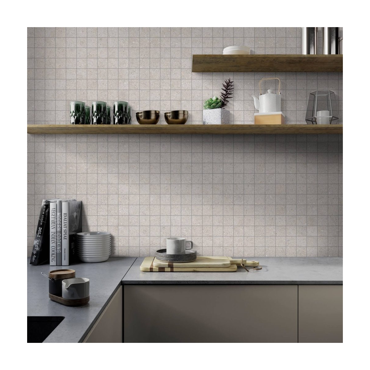 Cocina con revestimiento Sassi Arena Mosaico 30x30 (Caja 6 piezas)