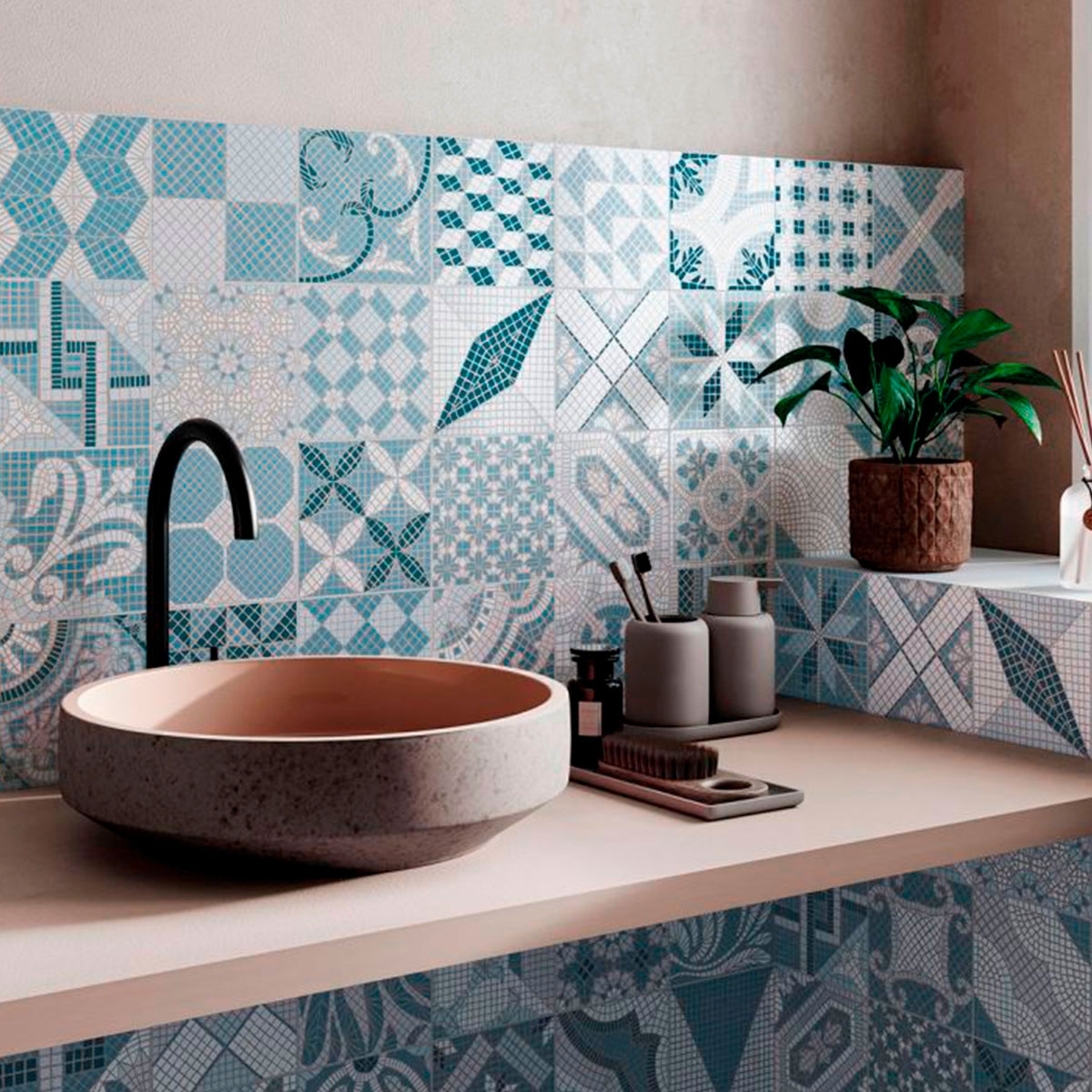 Casa de banho com revestimento Tessela Blue Taco 16,5x16,5 (Box 0,55m2)