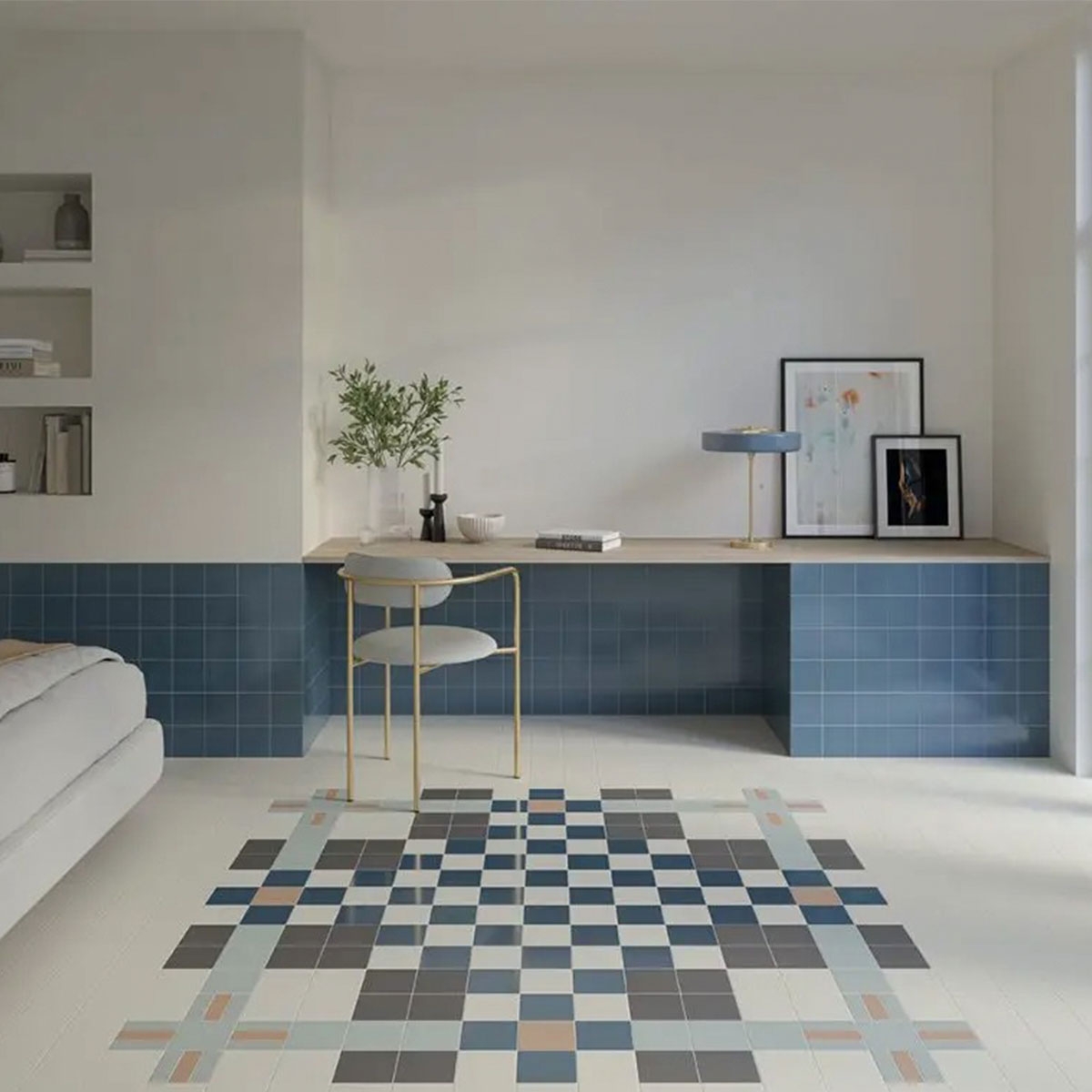 Interior com revestimento Azul Aço Quadrado 11.6x11.6