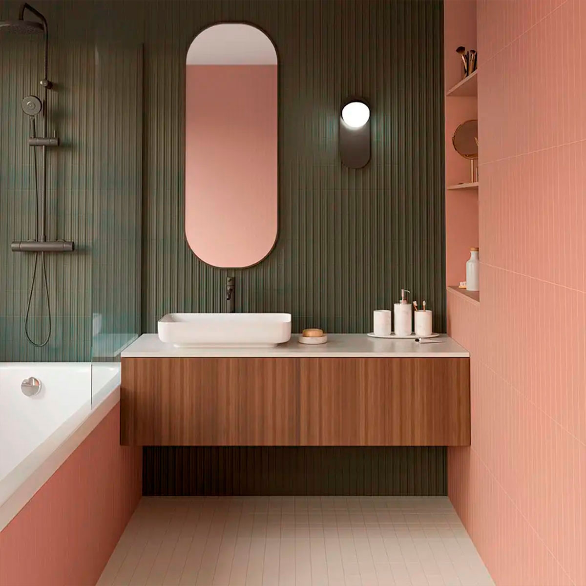 Badezimmer mit Faces Liso Tan 5x40 Beschichtung (Box 1,12m²)