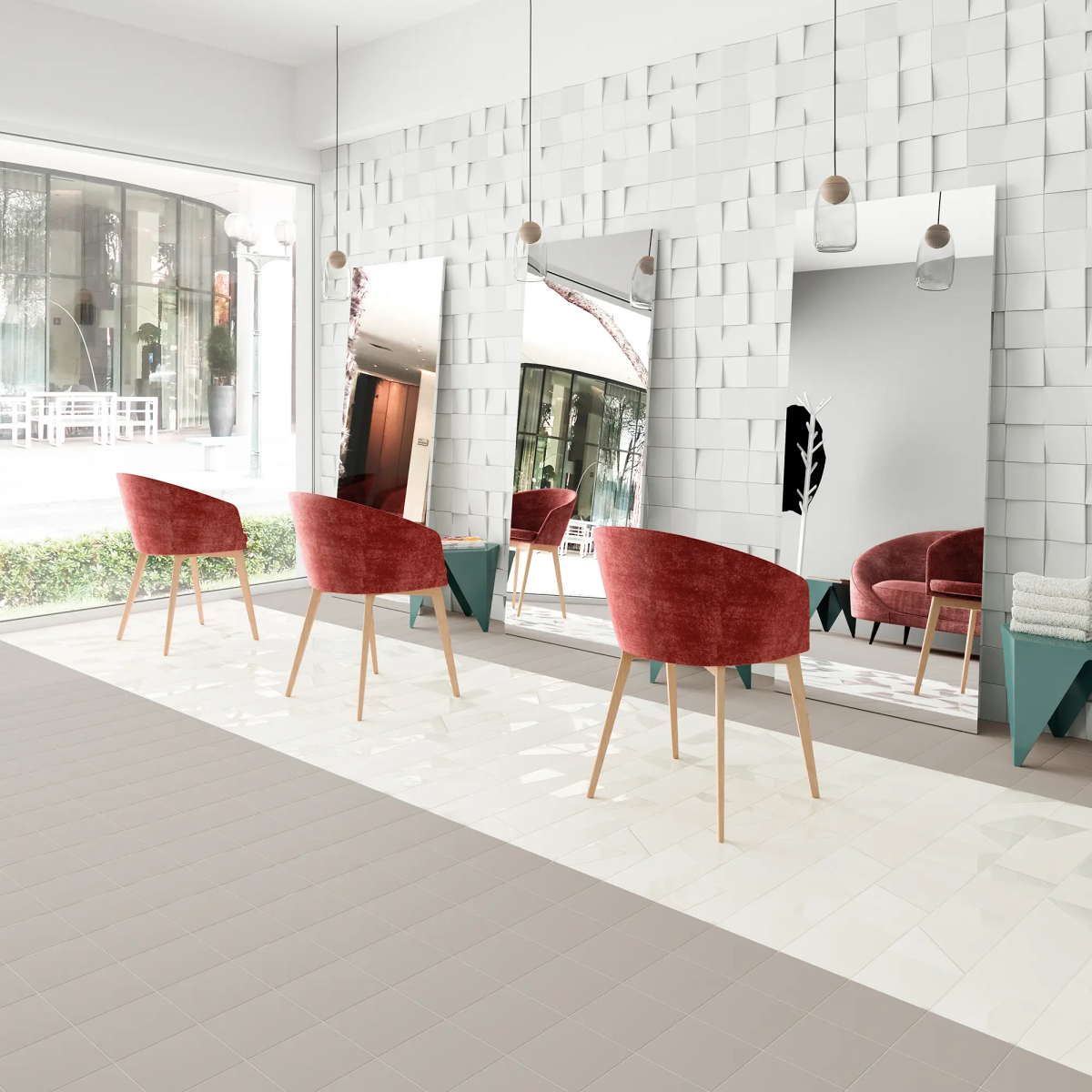 Sala de estar com revestimento Wow Delta Ice White 12.5x12.5 (Box 0.34m2)