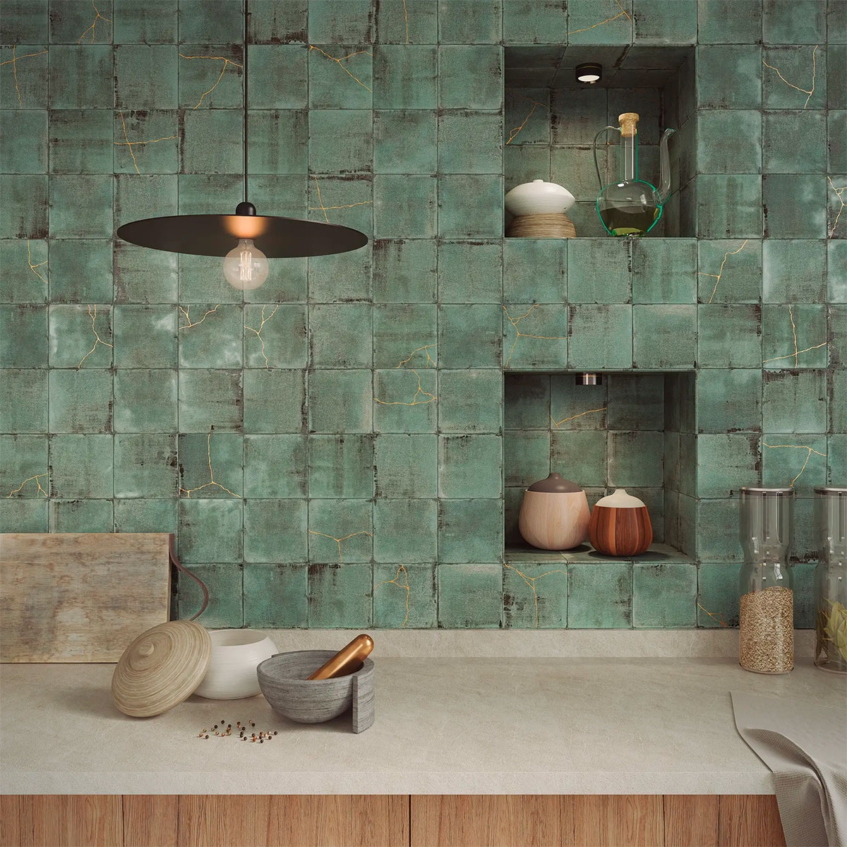 Interior con revestimiento Enso Nakama Green 12,5x12,5 (Caja 0.55m2)