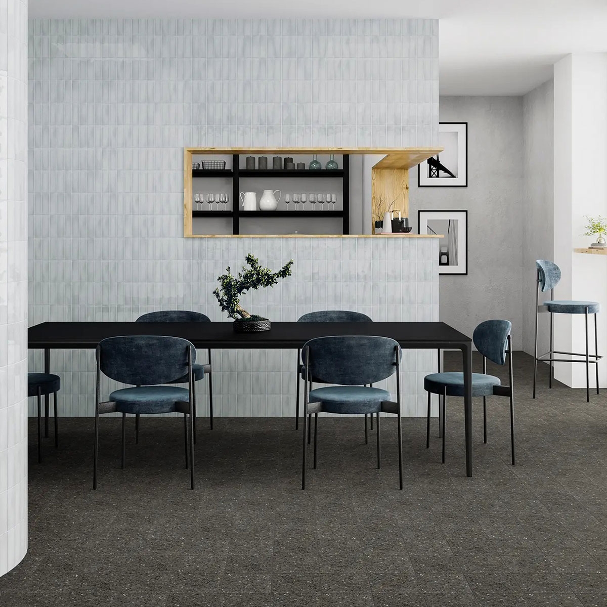 Interior con pavimento Color Drops Graphite 18,5x18,5