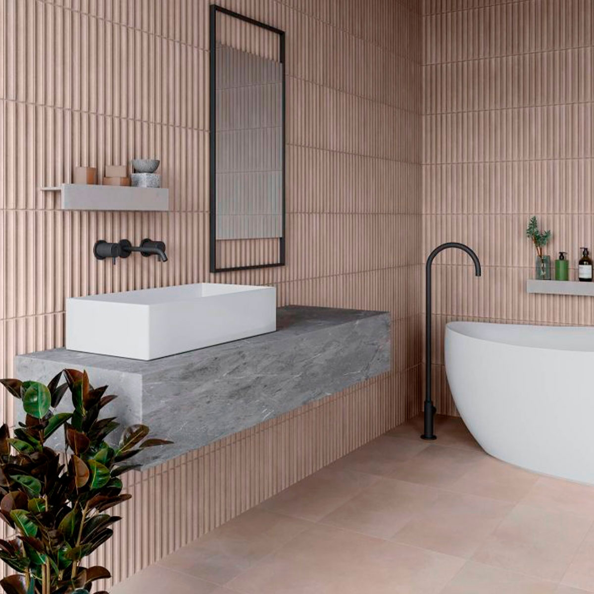 Salle de bain avec revêtement Core Deco Greige 32x62.5 (Boîte 1.00m2)