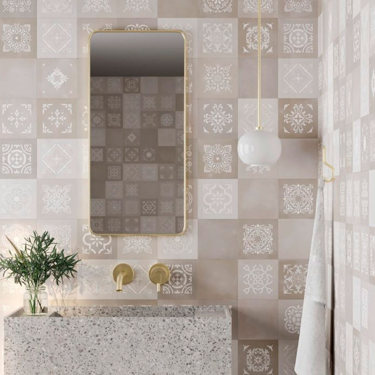 Salle de bain avec revêtement Delice Almond Taco 16,5x16,5 (Boîte 0,55m2)