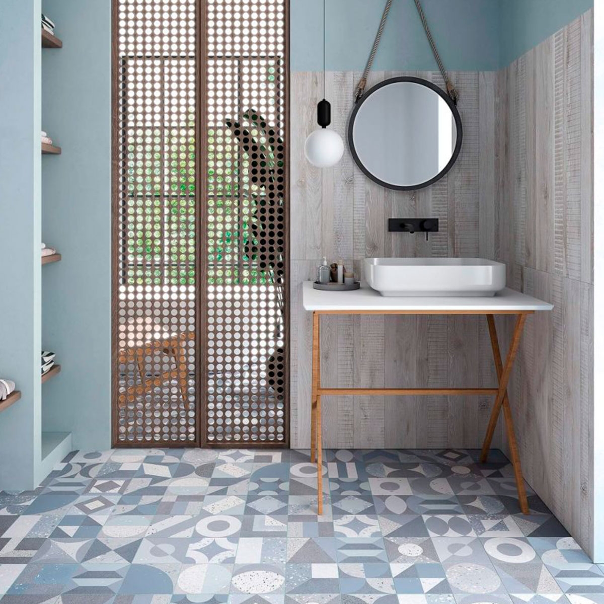 Salle de bain avec sol Fusion Blue Taco 16.5x16.5 (Boîte 0.55m2)