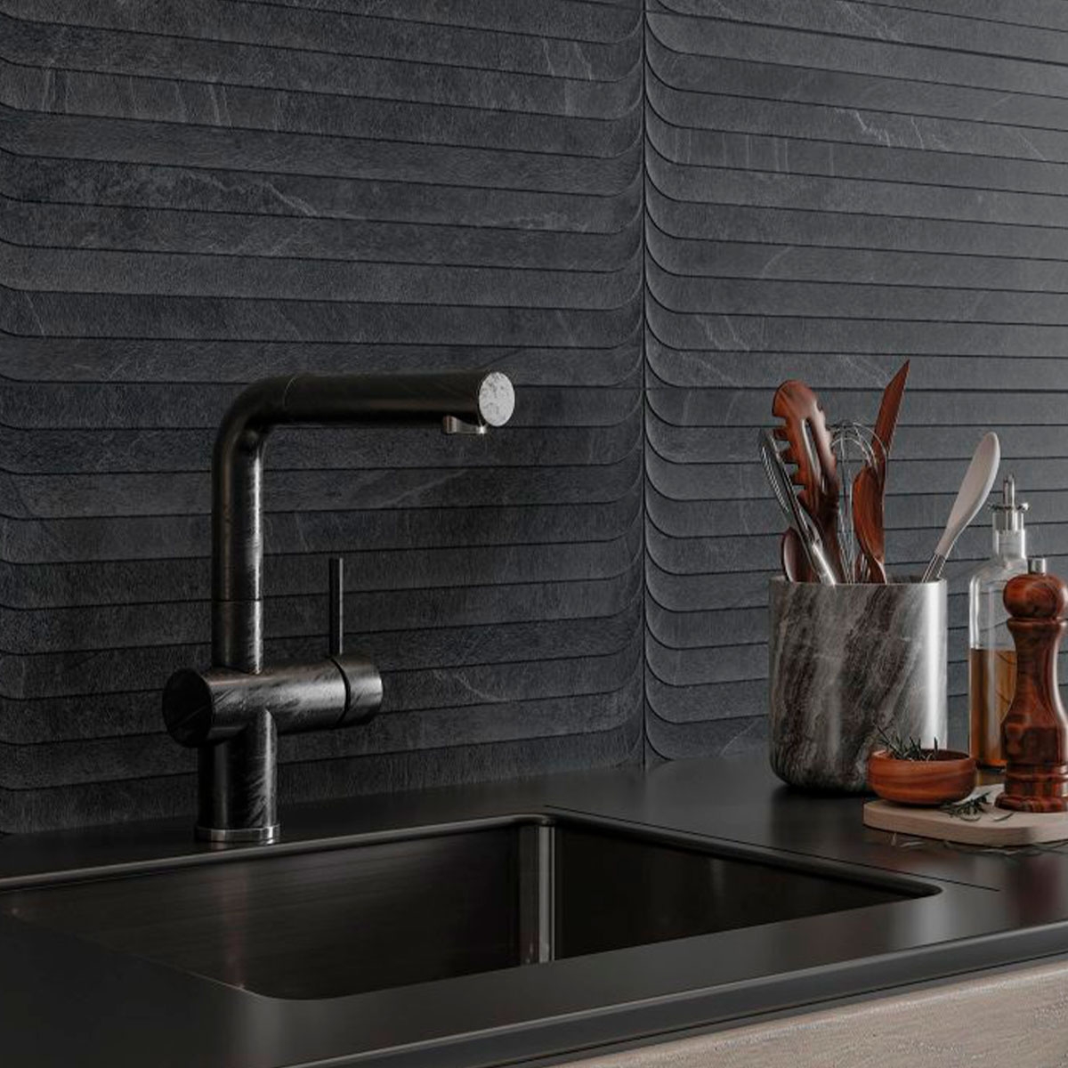 Cozinha com revestimento Lavik Deco Dark 32x62.5 (Box 1.00m2)