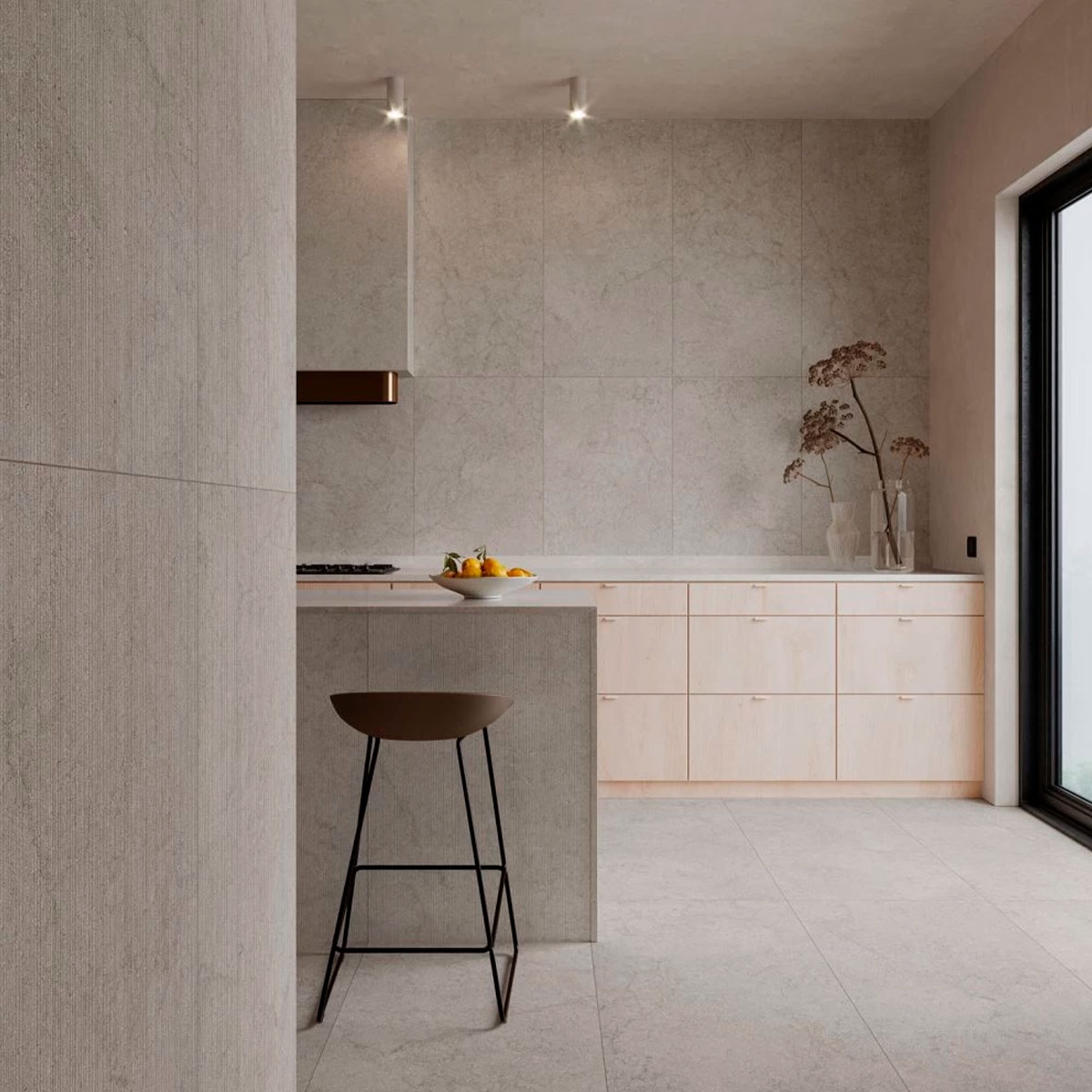 Kitchen with flooring and cladding Limestone Grey 59.1x119.1 (Box 1.41m2)