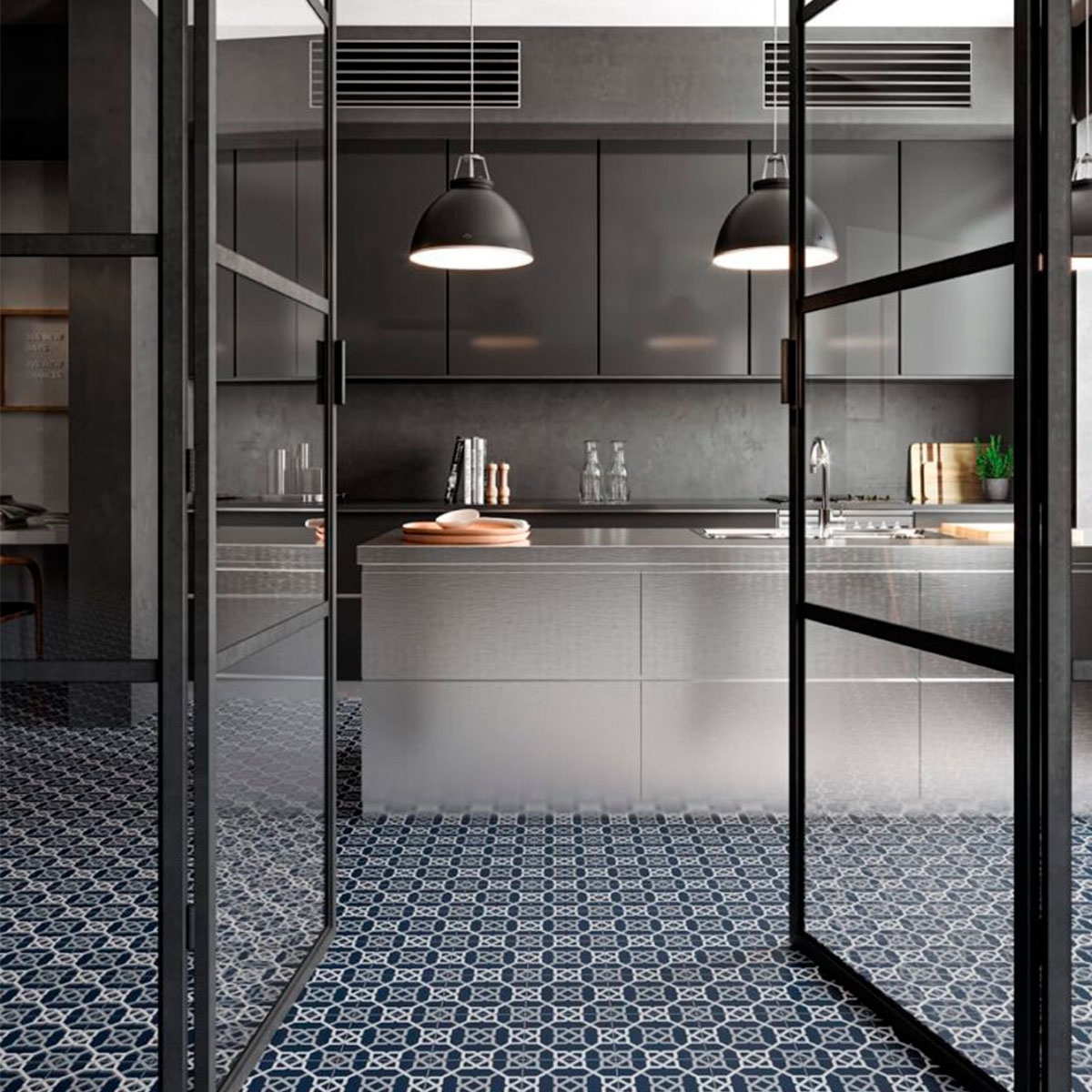 Kitchen with Nautic Blue Taco flooring 16.5x16.5 (Box 0.55m2)