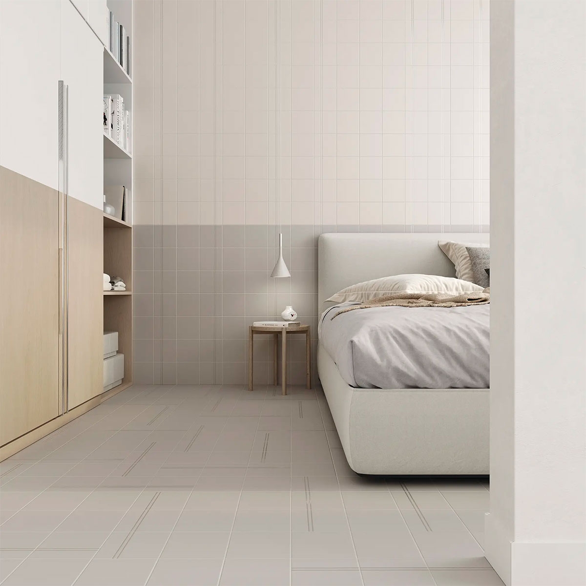 Chambre avec revêtement Point & Dash Neutral Grey 15x15 (Boîte 0.54m2)