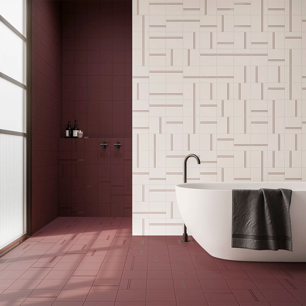 Baño con pavimento Point & Dash Burgundy 15x15 (Caja 0.54m2)