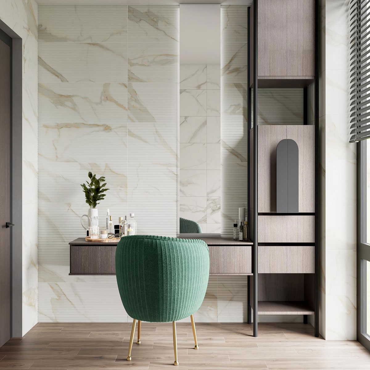 Interior con revestimiento Calacata Gold Relieve Agar 30x90