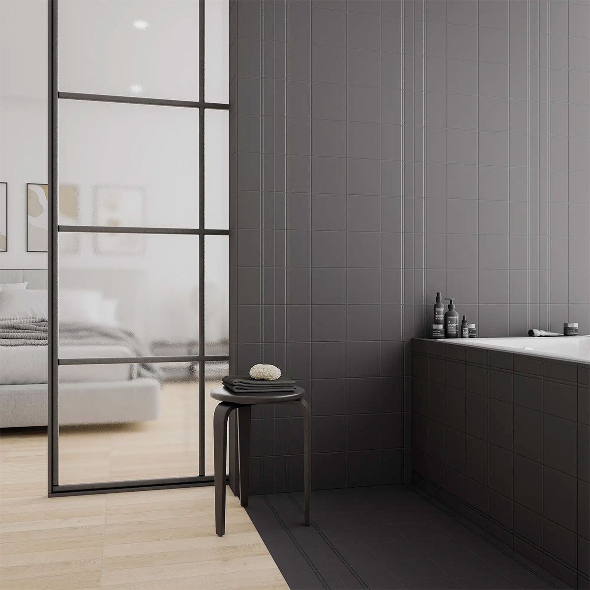 Salle de bain avec revêtement de sol et revêtement Point & Dash Titanium 15x15 (Boîte 0.54m2)