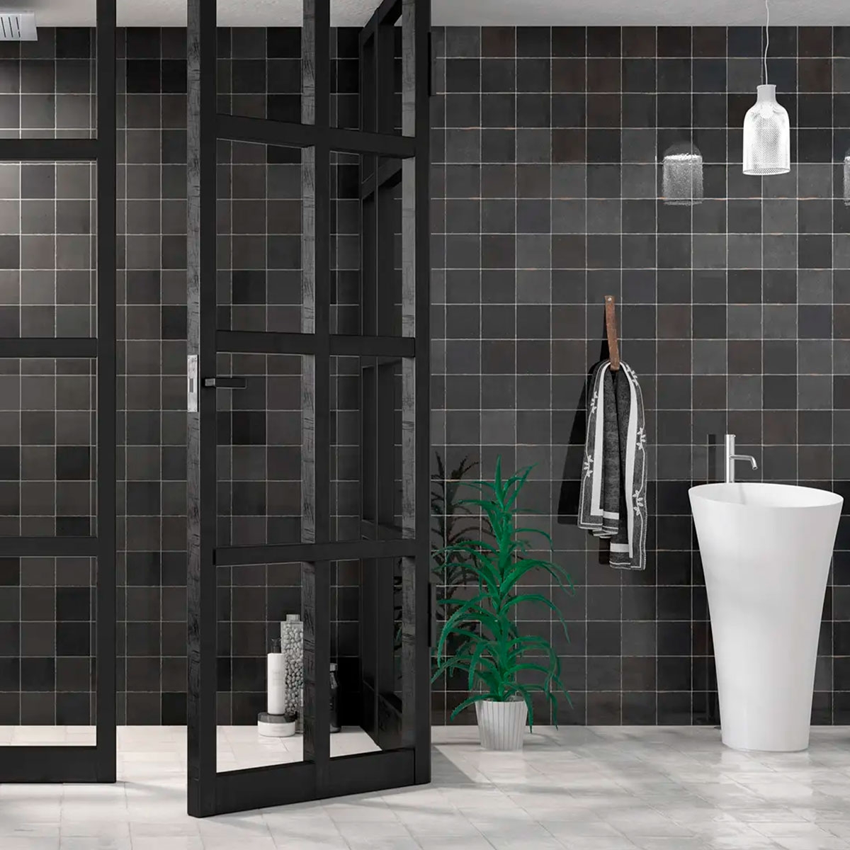 Salle de bain avec revêtement Mestizaje Zellige Graphite 12.5x12.5 (Boîte 0.42m2)