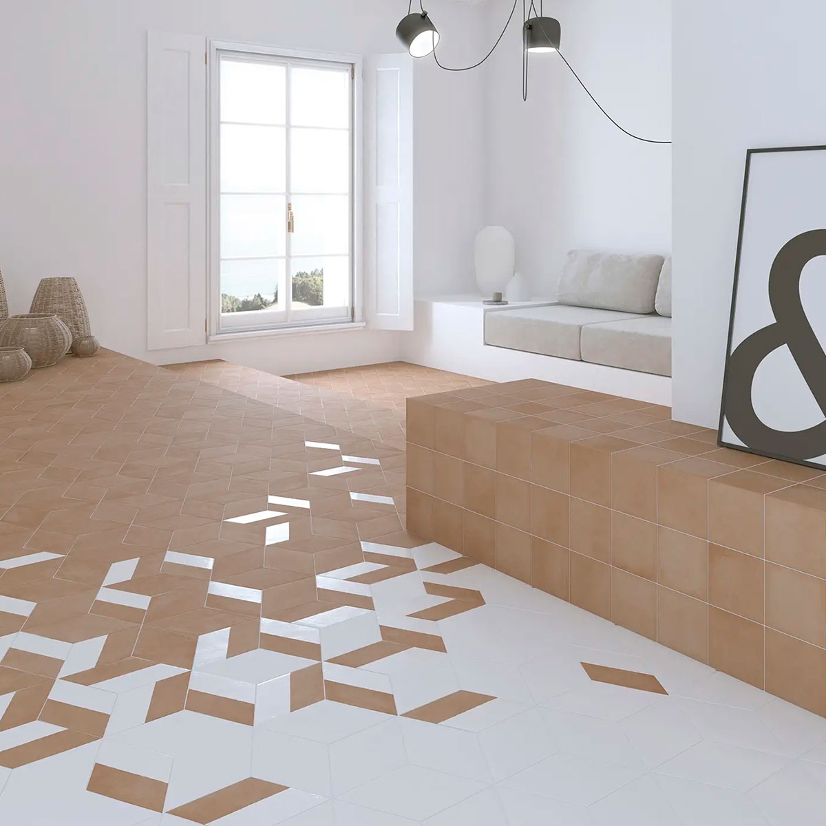 Interior con pavimento Mud Diamond Terra 14x24