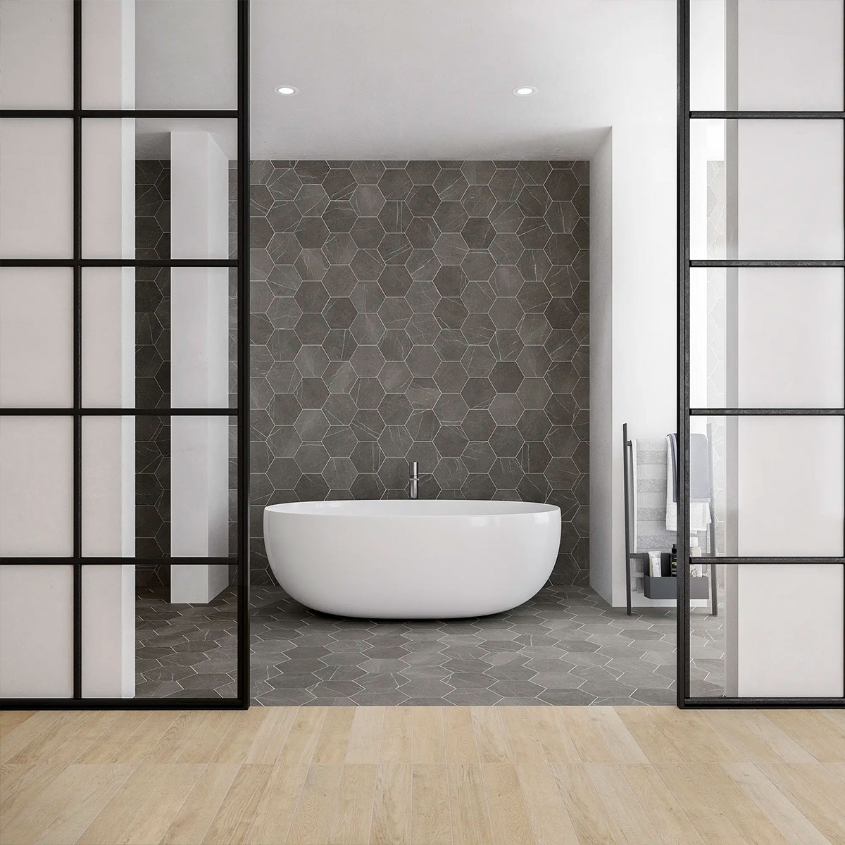 Salle de bain avec revêtement de sol et revêtement mural Love Affairs Petra Hexagon Charcoal 20x23 (Box 0.35m2)