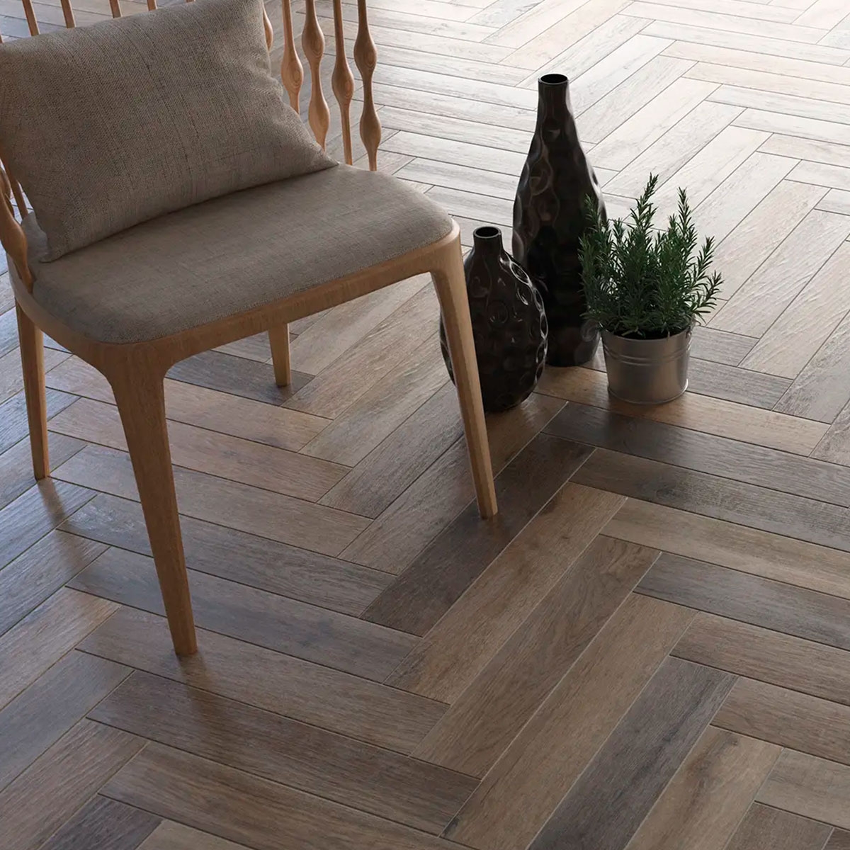 Innenraum mit Gehweg Love Affairs, Timber Strip Brown 10x50 (Box 0,78m²)