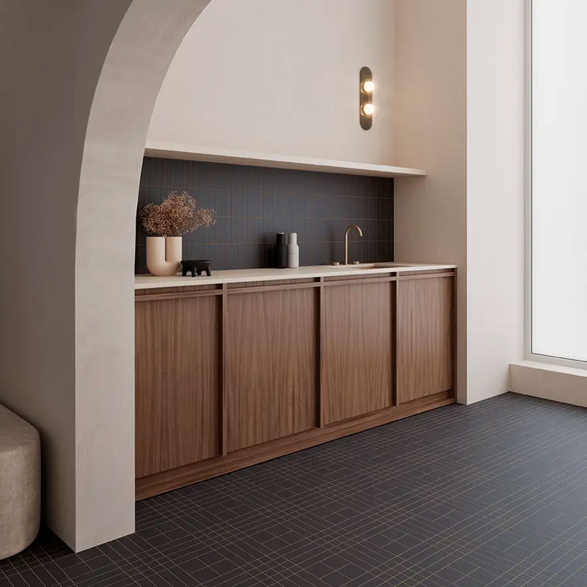 Küche mit Boden und Verkleidung Rasterraster S Basalt 15x15 (Schachtel 0,54m²)