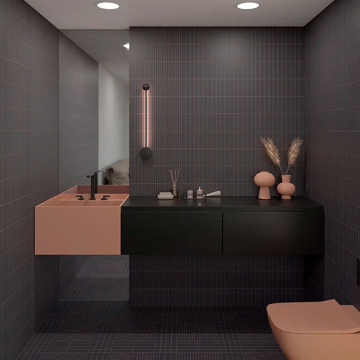 Salle de bain avec sol Grille raster S Basalte 15x15 (Boîte 0.54m2)