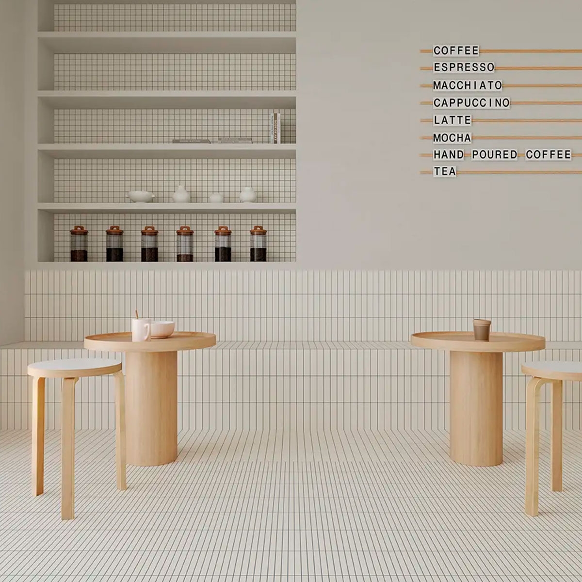 Interior con pavimento y revestimiento Raster Lines M Chalk 15x15 (Caja 0.54m2)