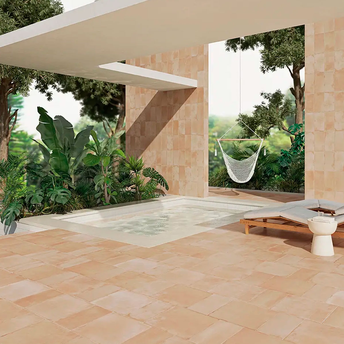 Exterior con pavimento Roots XXL Sand Antideslizante 44x44 (Caja 0.77m2)