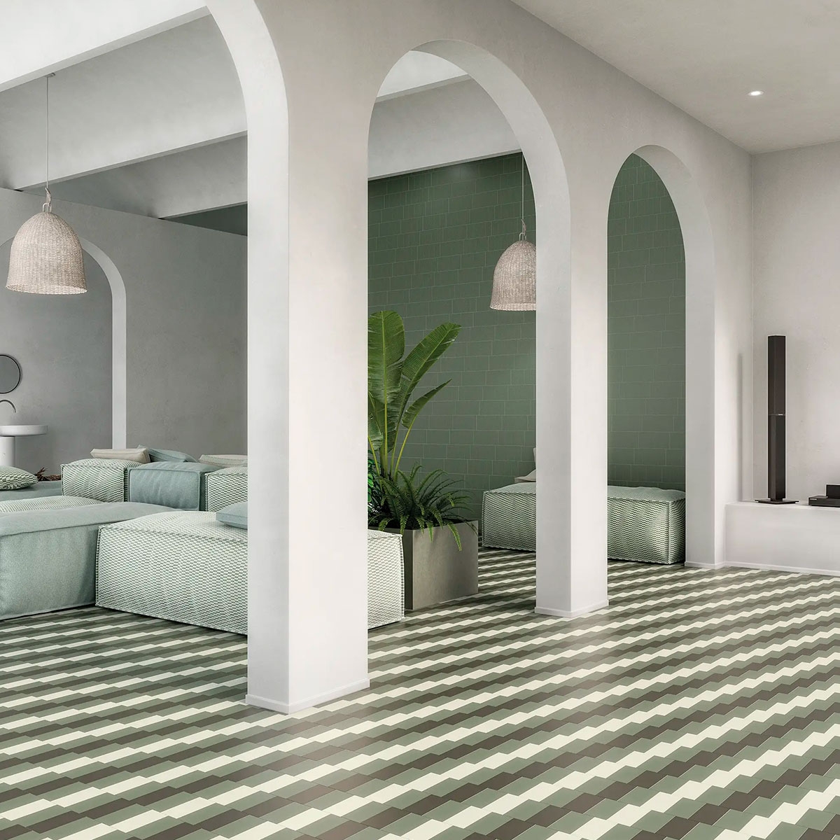 Interior com pavimento Solid S Moss 6.2x12.5 (Box 0.43m2)