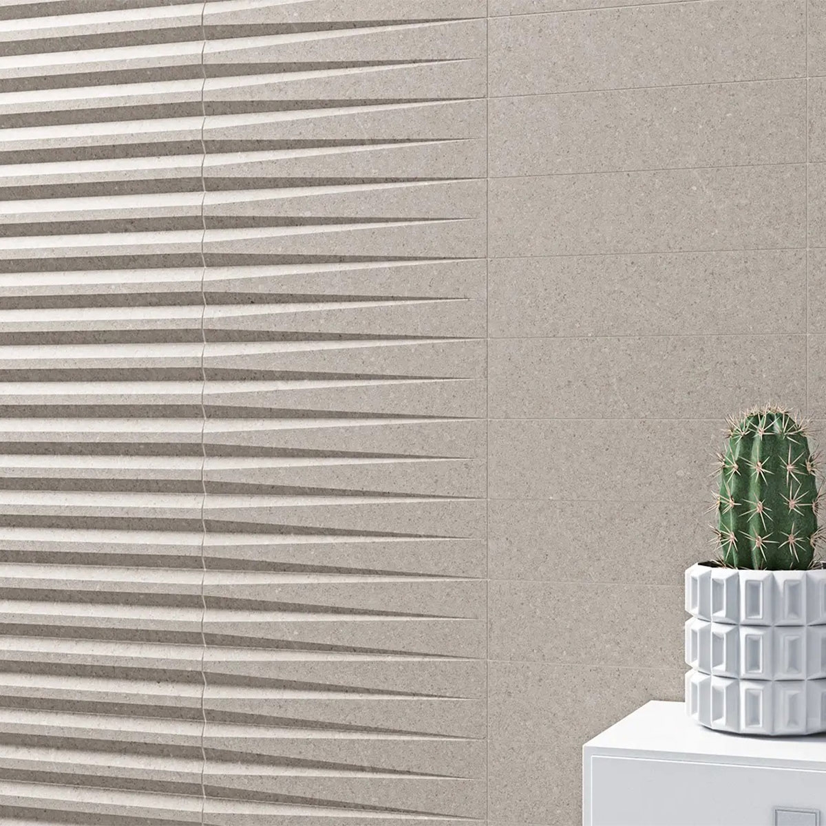 Interior com revestimento Stripes Greige Stone 7.5x30