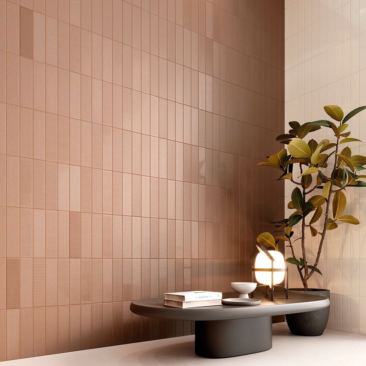 Interior con revestimiento Texiture Pattern Mix Copper 6,2x25 (Caja 0,45m2)